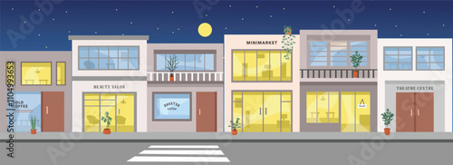 Shopping district. Commercial district. Shopping precinct. Shopping area. Shopping street. Main strip. Strip mall. Retail park. Plaza. Mini market. Cafe. Sidewalk and building.