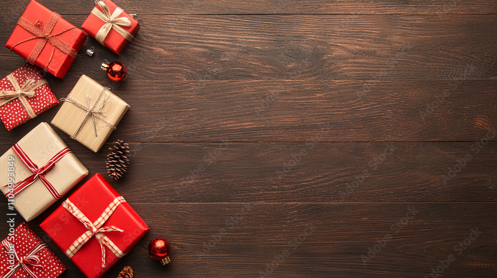 A collection of beautifully wrapped Christmas gifts in red and white, arranged on a rustic wooden surface, creating a festive atmosphere.