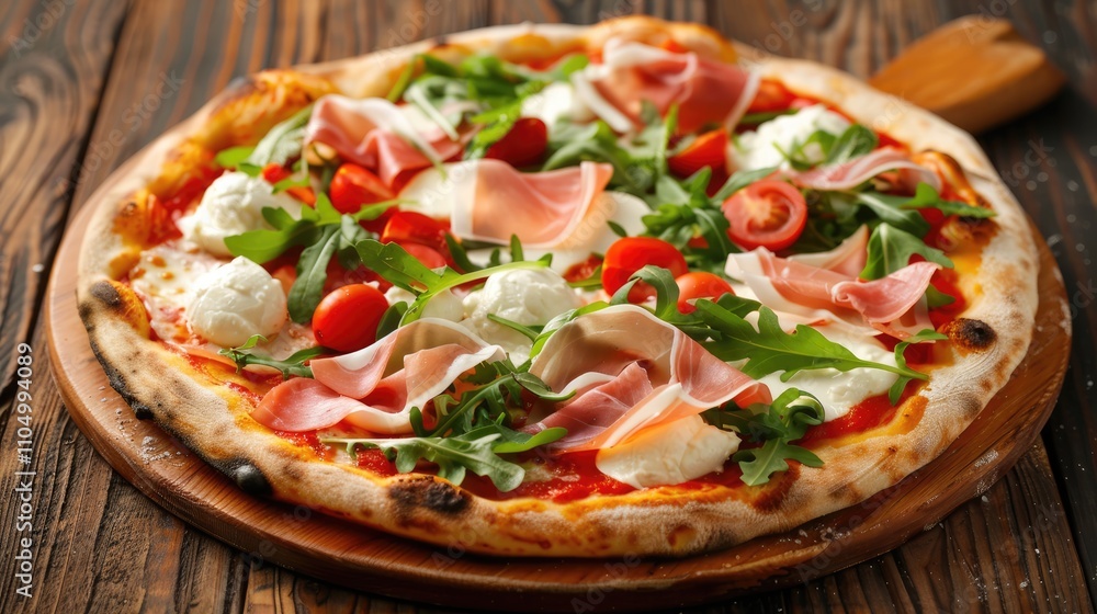 Pizza with Parma ham, rocket, mozzarella, tomatoes, and burrata on wooden surface Pizza with Parma ham, rocket, mozzarella, tomatoes, and burrata on wooden surface