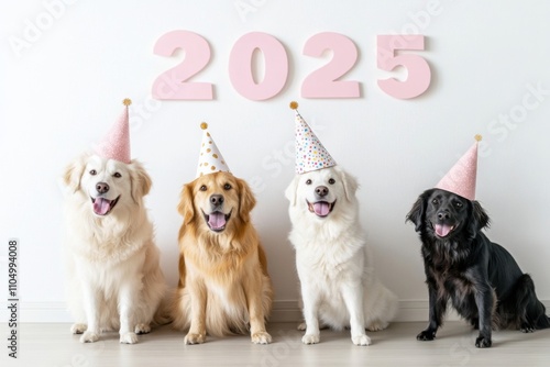 Four dogs wearing pink party hats celebrating new year 2025