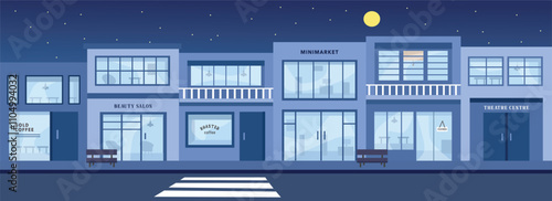 Night store illustration. Cafe building in the night time. Minimarket building. Beauty salon. Theatre center. shop, outlet, department store, market, supermarket, mart, emporium, chain store.