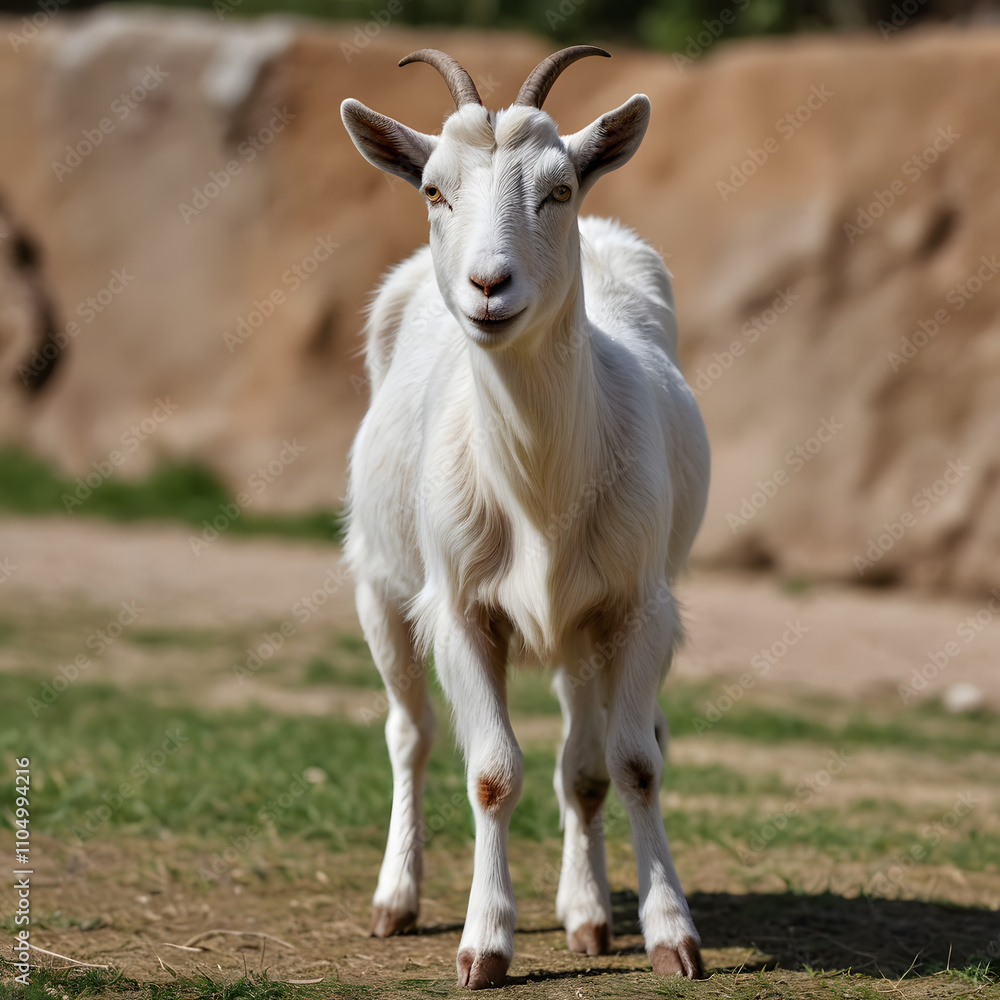 A Majestic White Goat in a Rural Setting: Caprine Elegance on a Sunny Day A Majestic White Goat in a Rural Setting: Caprine Elegance on a Sunny Day