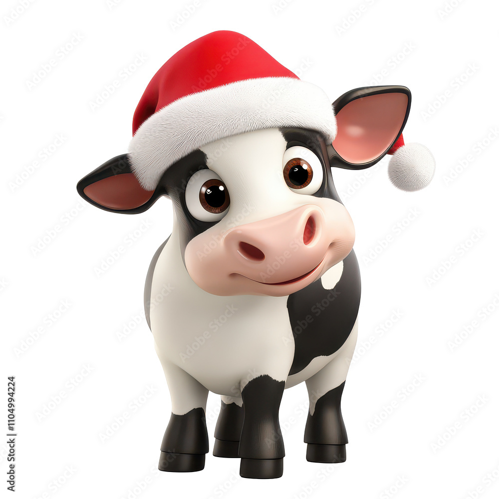 Cartoon cow wearing a festive Santa hat against a bright transparent background for holiday cheer, 3D Cartoon Cow in Santa Hats on transparent background Cartoon cow wearing a festive Santa hat against a bright transparent background for holiday cheer, 3D Cartoon Cow in Santa Hats on transparent background