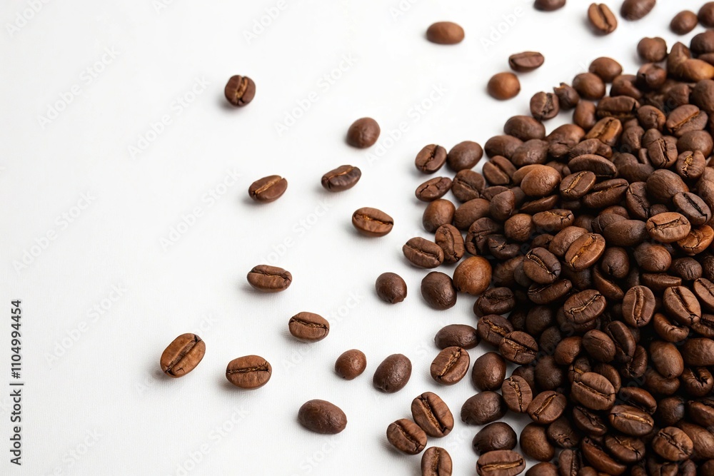 A heap of coffee beans on a clean and minimalist white background with scattered edges, coffee beans, texture, clean A heap of coffee beans on a clean and minimalist white background with scattered edges, coffee beans, texture, clean