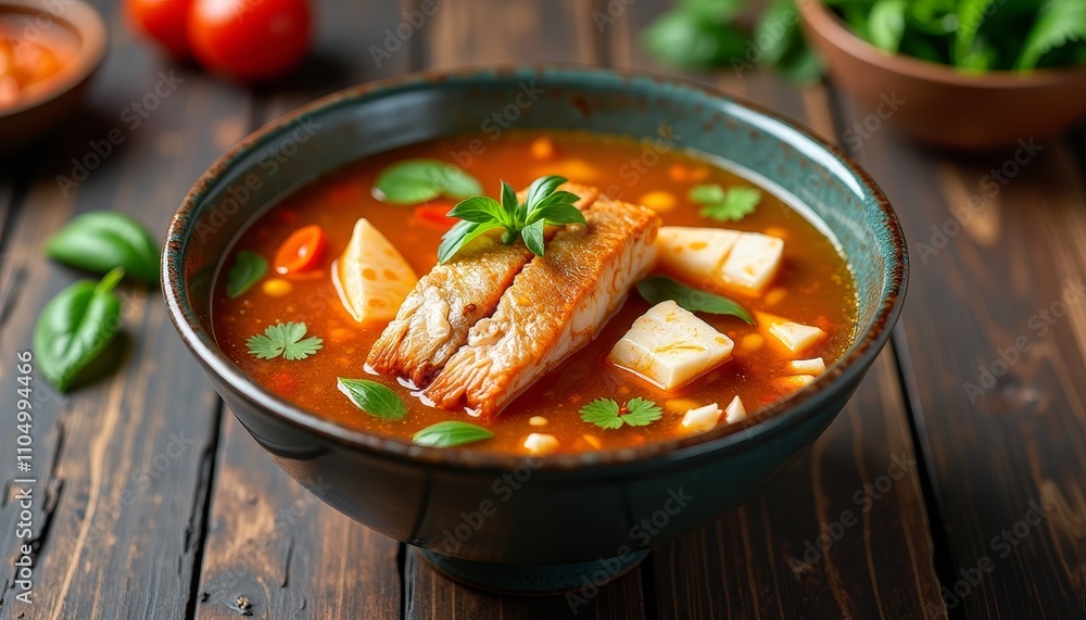 A hearty bowl of fish soup with vegetables and herbs garnishing the top A hearty bowl of fish soup with vegetables and herbs garnishing the top