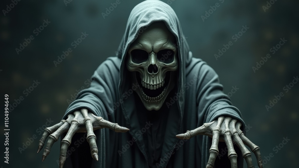 A menacing figure shrouded in a dark cloak with a skeletal face extends its bony hands, creating an eerie atmosphere in low light A menacing figure shrouded in a dark cloak with a skeletal face extends its bony hands, creating an eerie atmosphere in low light