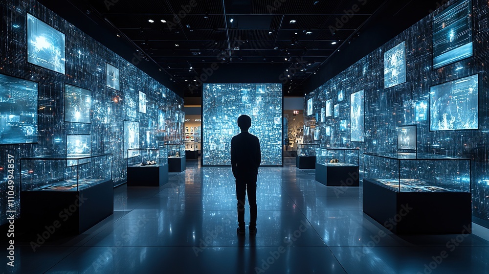 A silhouette stands before illuminated digital displays in a modern exhibition space. A silhouette stands before illuminated digital displays in a modern exhibition space.