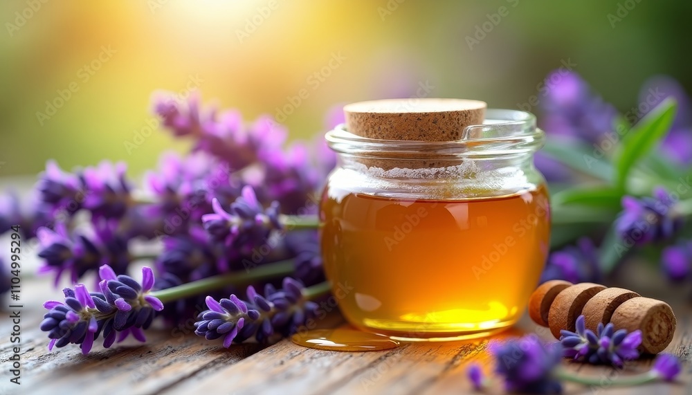 A jar of honey with purple lavender flowers A jar of honey with purple lavender flowers