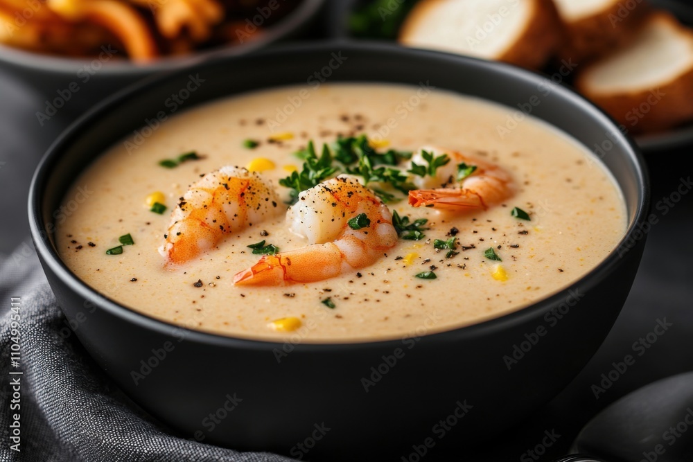 Creamy shrimp and corn soup garnished with fresh parsley in black bowl Creamy shrimp and corn soup garnished with fresh parsley in black bowl
