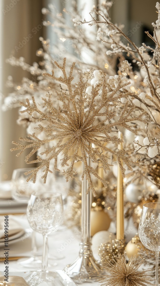 A contemporary centerpiece with a gold-accented snowflake motif, set against a clean white background. The sparkles add a festive touch, perfect for creating an elegant and understated winter vibe. A contemporary centerpiece with a gold-accented snowflake motif, set against a clean white background. The sparkles add a festive touch, perfect for creating an elegant and understated winter vibe.