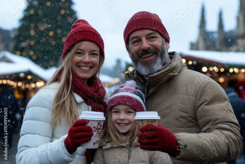 Happy family drinking hot chocolate at christmas market during snowfall photo