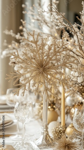 A contemporary centerpiece with a gold-accented snowflake motif, set against a clean white background. The sparkles add a festive touch, perfect for creating an elegant and understated winter vibe.