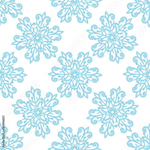 ПечатьVector seamless pattern of white and blue volumetric snowflakes on a transparent background. Christmas and New Year design