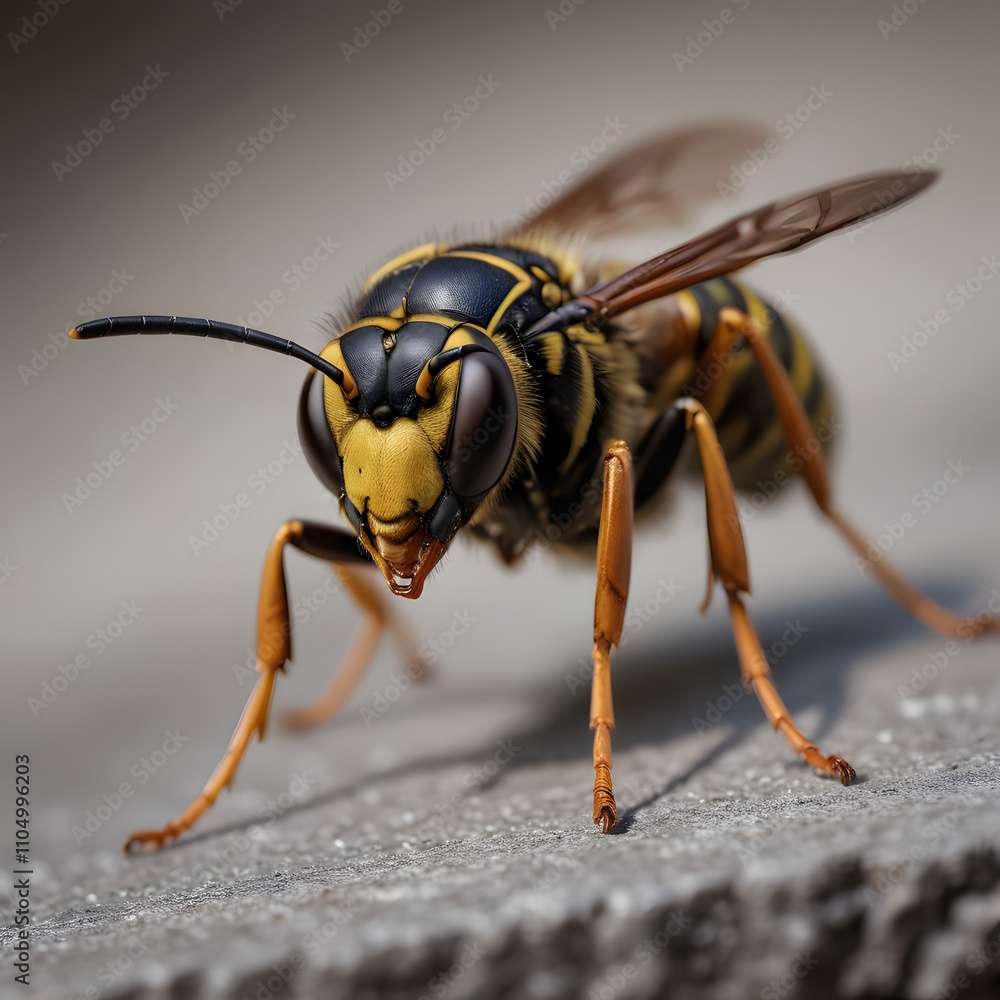 Macro Photography of a Yellow Jacket Wasp on a Grey Surface: A Detailed Close-Up View of an Insect Macro Photography of a Yellow Jacket Wasp on a Grey Surface: A Detailed Close-Up View of an Insect