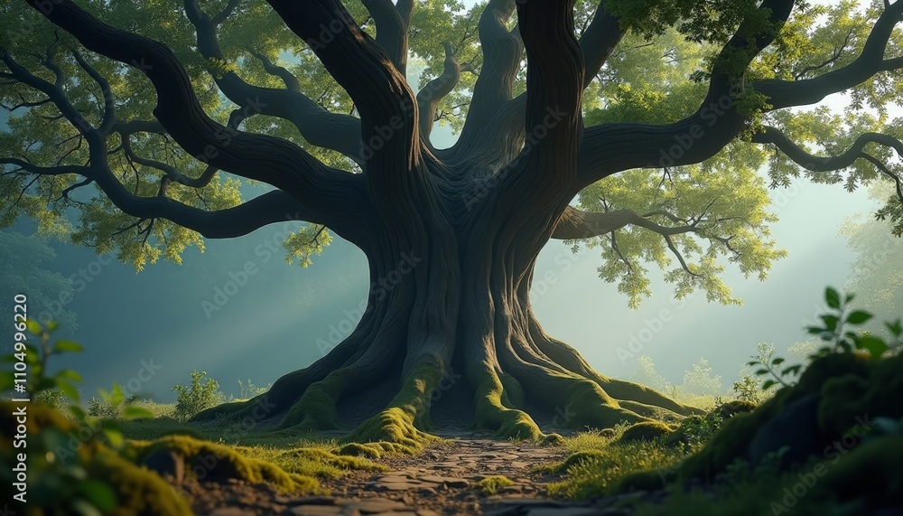 A vibrant tree with a thick trunk stands in the foreground of an image that features lush greenery, including moss A vibrant tree with a thick trunk stands in the foreground of an image that features lush greenery, including moss