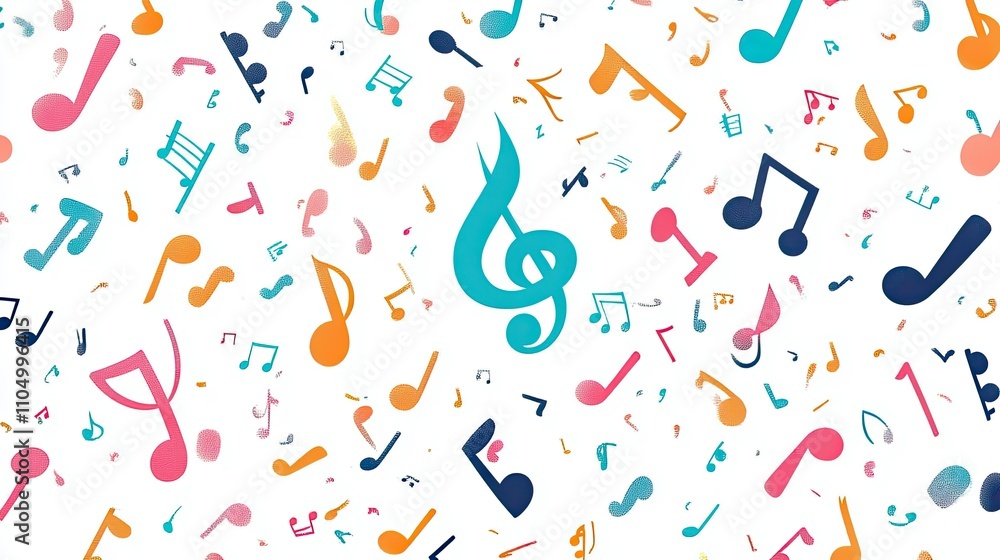 A crisp vector rendering of music notes in a random floating pattern, combining treble clefs and simple note shapes on a white background. A crisp vector rendering of music notes in a random floating pattern, combining treble clefs and simple note shapes on a white background.