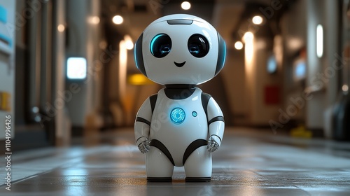 Cute and Friendly Robot Character with Bright Blue Eyes and White Body in Futuristic Environment, Perfect for Technology and Innovation Themes