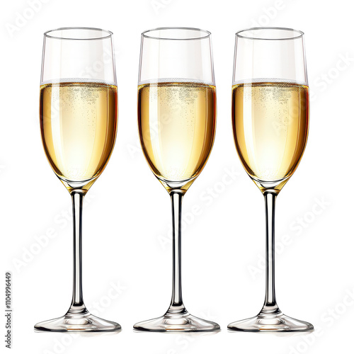 Three elegant champagne glasses filled with sparkling bubbly on a pristine transparent background, an art realistic three glasses champagne isolated, transparent background.