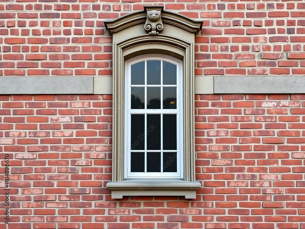 A narrow window on a red brick wall with a carved stone surround and ornate stonework, small window, red brick wall, carved stone A narrow window on a red brick wall with a carved stone surround and ornate stonework, small window, red brick wall, carved stone
