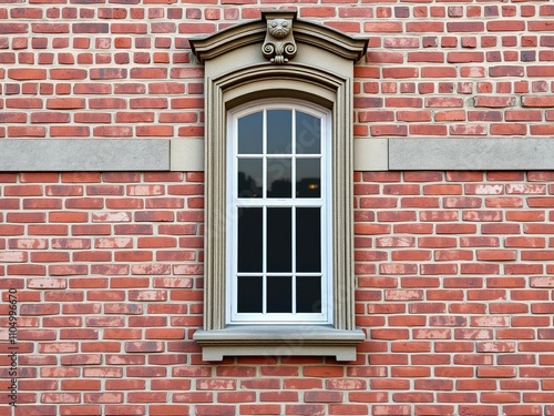 A narrow window on a red brick wall with a carved stone surround and ornate stonework, small window, red brick wall, carved stone