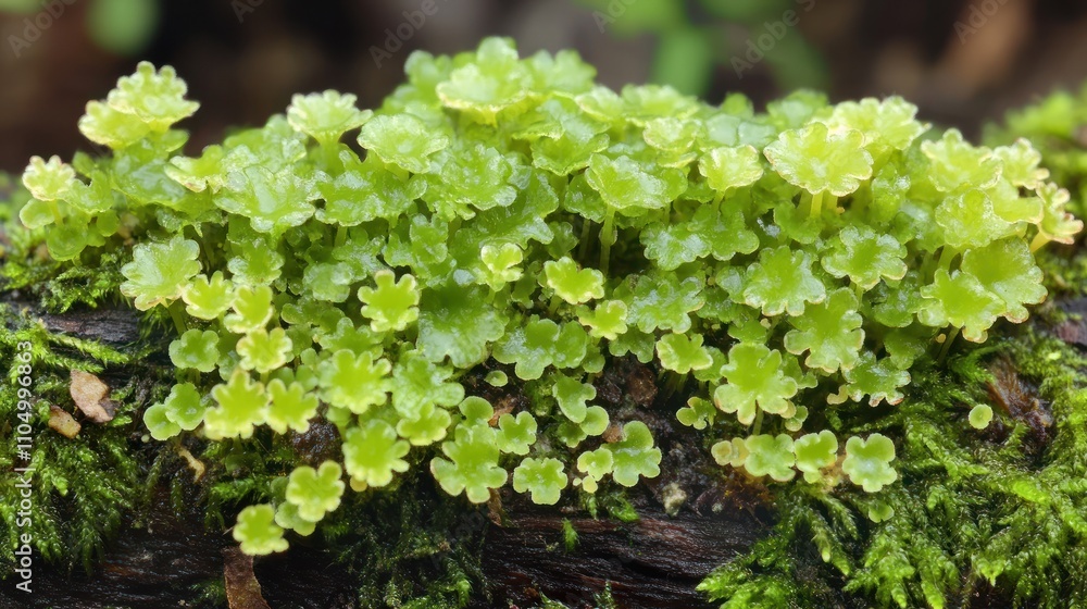 A lush cluster of green moss and small leafy plants on wood. A lush cluster of green moss and small leafy plants on wood.