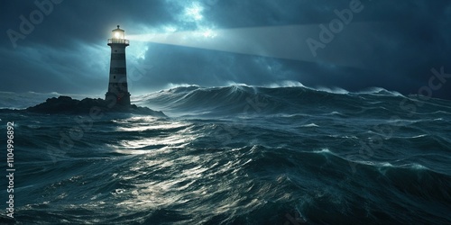 An eerie glow emanates from a faint light source in the midst of an unsettled ocean, water, shadows, light, glow, mysterious