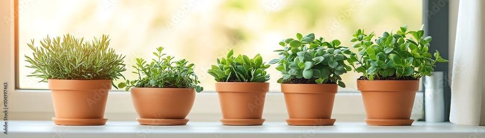 Small green plants in terracotta pots placed on a white tabletop, showcasing natural beauty and the calm of indoor gardening Small green plants in terracotta pots placed on a white tabletop, showcasing natural beauty and the calm of indoor gardening