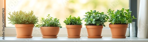 Wallpaper Mural Small green plants in terracotta pots placed on a white tabletop, showcasing natural beauty and the calm of indoor gardening Torontodigital.ca