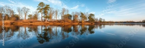 A peaceful scene of a calm lake reflecting the surrounding trees and sky, watery depths, calm water, natural tranquility