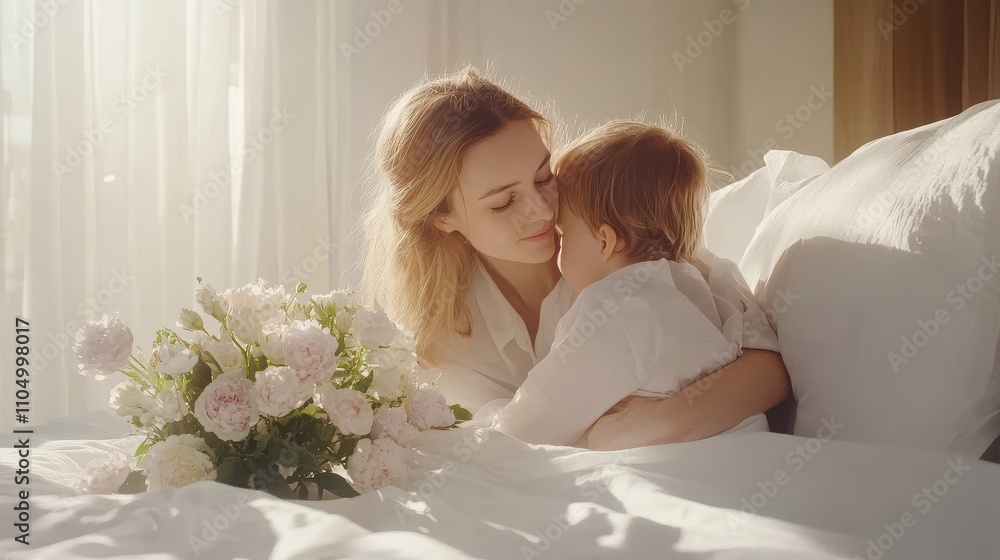 Heartfelt Morning Hug Between Mother and Child Heartfelt Morning Hug Between Mother and Child