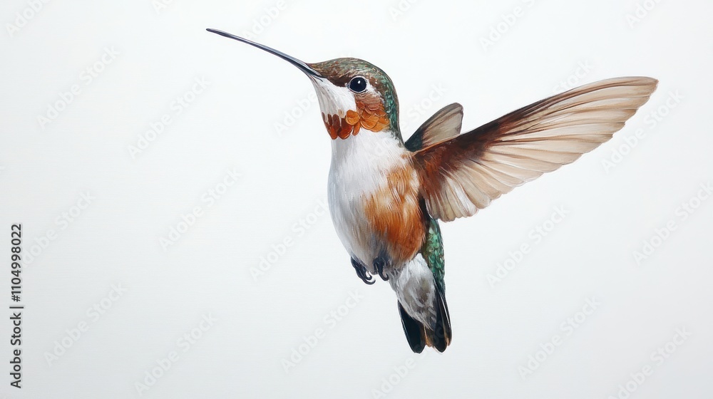 Fototapeta premium A vibrant hummingbird in flight wings outstretched