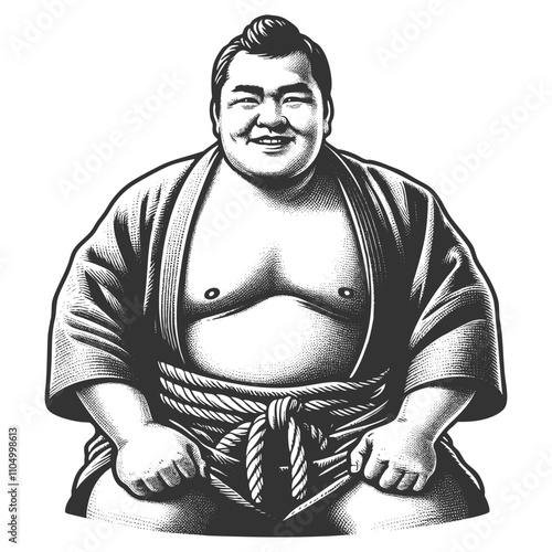 cheerful sumo wrestler wearing a traditional mawashi, seated in a relaxed and confident pose sketch engraving generative ai vector illustration. Scratch board imitation. Black and white image.