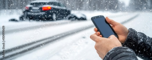 Car insurance concept. A driver contacting their insurance company on a snowy roadside, with visible accident damage in the background photo