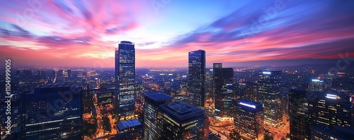 City skyline with solar panels on rooftops, illuminated by a rich sunset sky, emphasizing sustainable living in an urban area