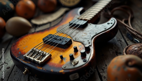 An aged electric guitar with a pickguard displaying signs of wear and use, placed on a wooden surface