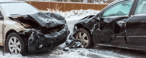 Car insurance concept. Winter scene with two cars involved in a minor collision on an icy street, showcasing insurance claim process photo