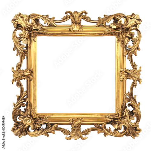 Antique golden frame with intricate detailing isolated on a transparent background for elegant decoration, Antique golden frame isolated on transparent background photo