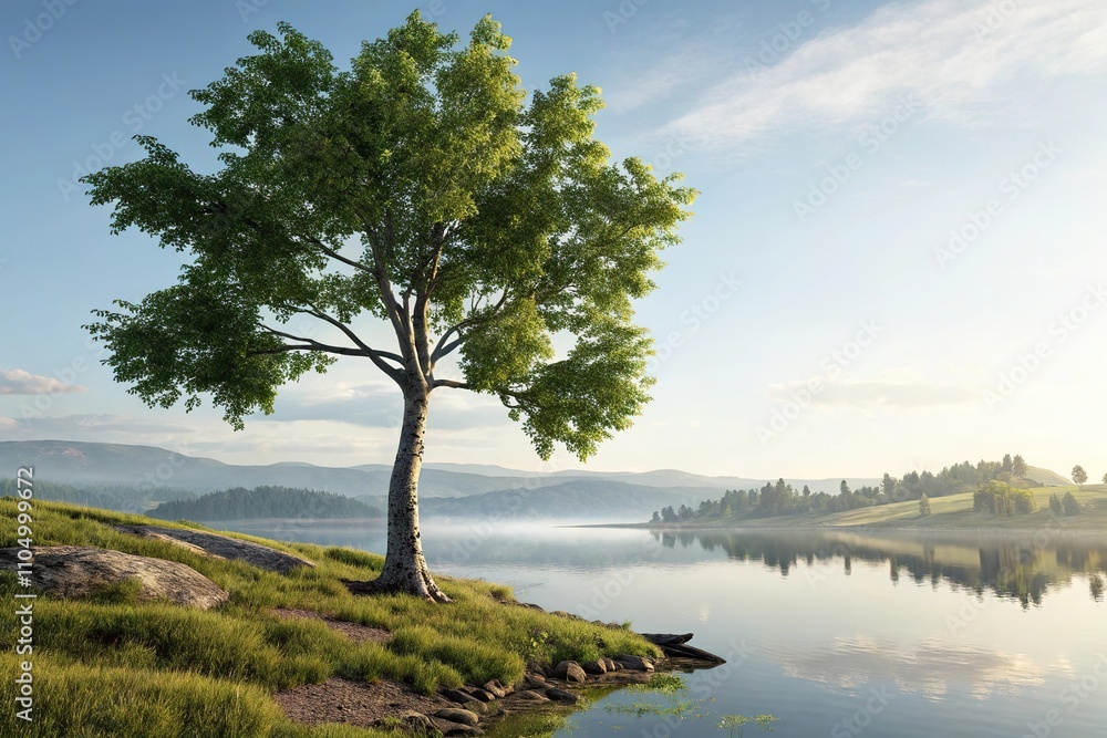 a single tree standing on the shore of a quiet lake, still surroundings, tree on the lake shore, calm water surface, outdoor scene, natural beauty a single tree standing on the shore of a quiet lake, still surroundings, tree on the lake shore, calm water surface, outdoor scene, natural beauty