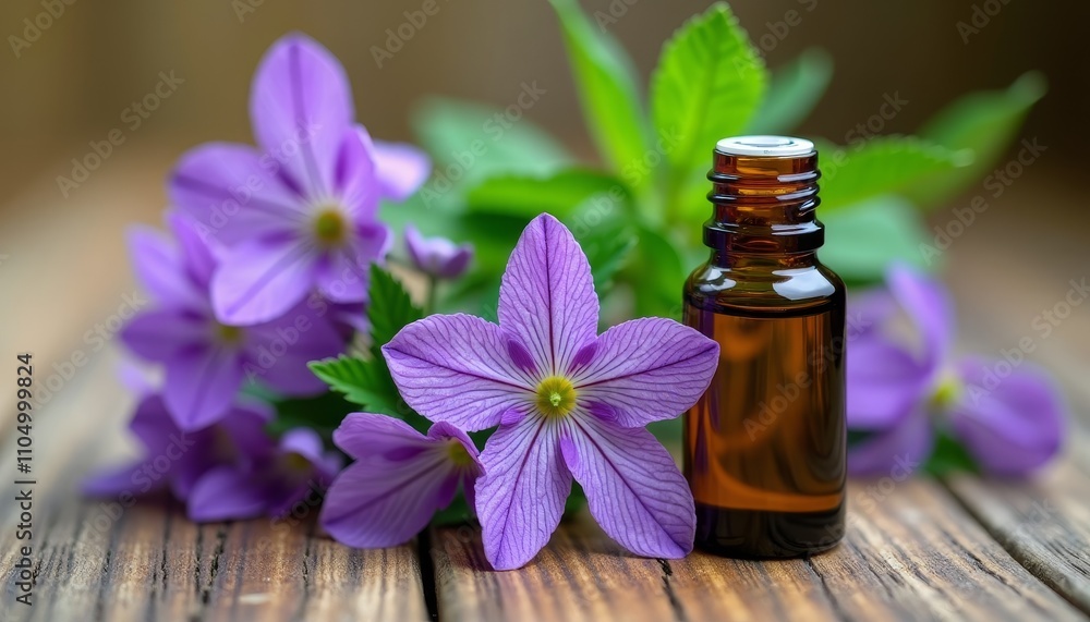 Clear glass bottle with a silver lid on wooden table next to purple flowers and green leaves Clear glass bottle with a silver lid on wooden table next to purple flowers and green leaves