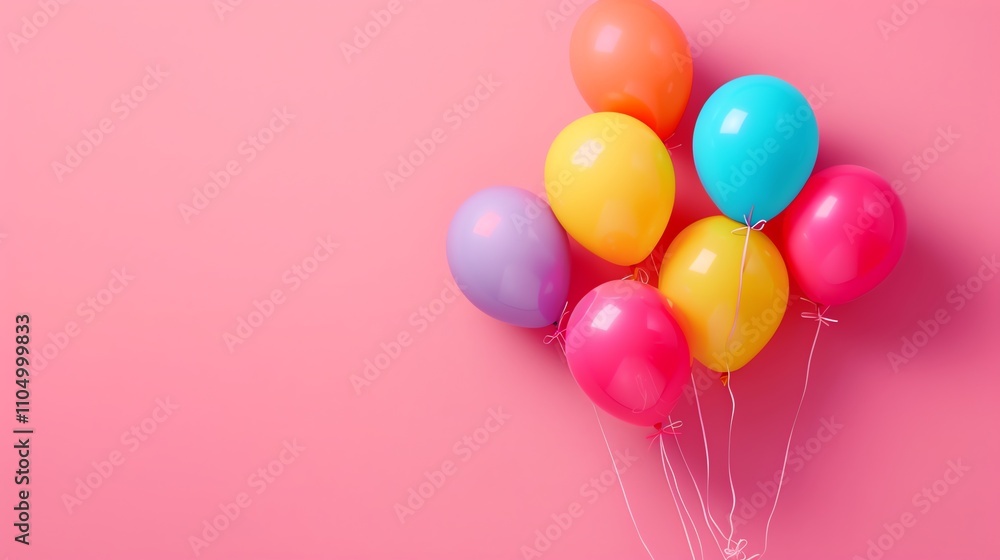 A bunch of colorful balloons tied together on a pink background. A bunch of colorful balloons tied together on a pink background.