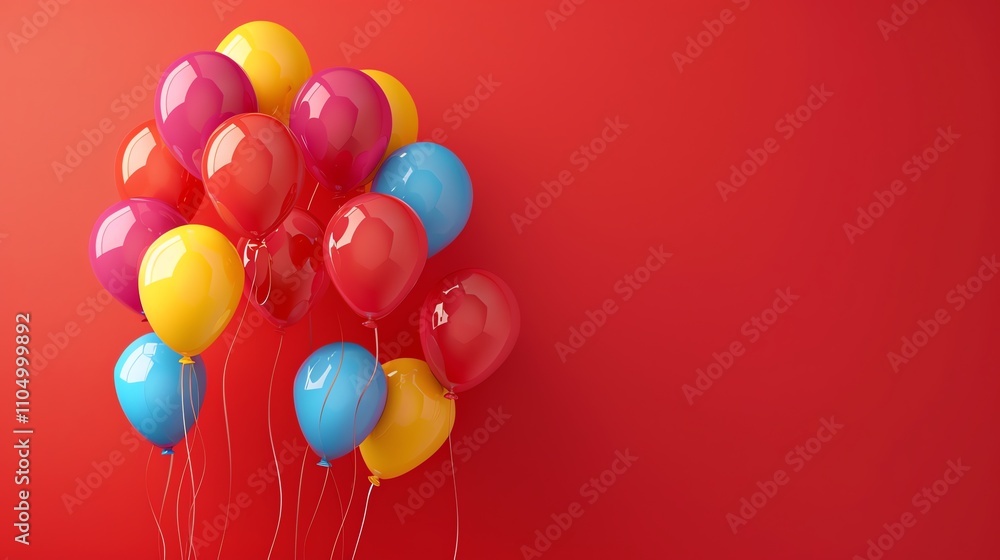 A bunch of colorful balloons tied together on a red background. A bunch of colorful balloons tied together on a red background.