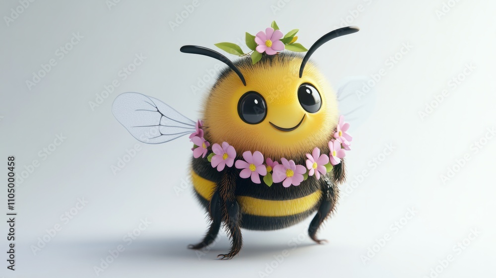Fototapeta premium Adorable 3D cartoon bee with a flower garland around its neck, happily buzzing on a white background
