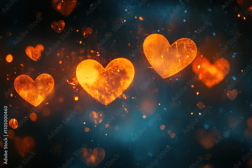 Abstract glowing heart shapes on a dark blue background with glitter and bokeh. Abstract glowing heart shapes on a dark blue background with glitter and bokeh.