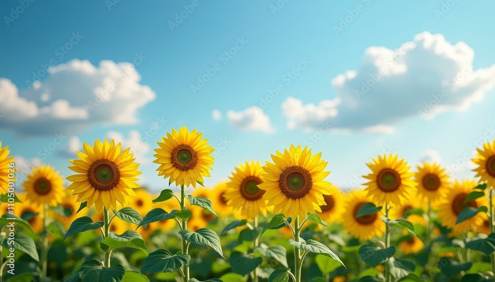 Yellow sunflowers in field, blue sky with white clouds above Yellow sunflowers in field, blue sky with white clouds above