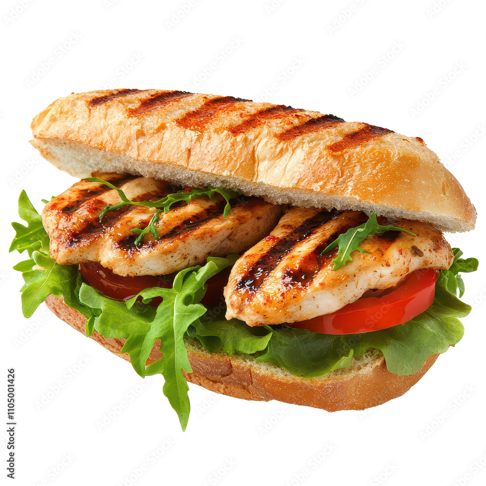 Delicious grilled chicken sandwich with fresh lettuce and ripe tomatoes served on a crusty baguette, A delicious chicken sandwich with fresh lettuce and juicy tomatoes, transparent background. Delicious grilled chicken sandwich with fresh lettuce and ripe tomatoes served on a crusty baguette, A delicious chicken sandwich with fresh lettuce and juicy tomatoes, transparent background.