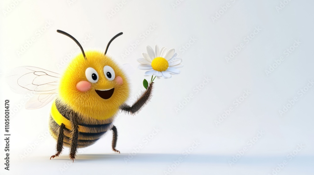 Fototapeta premium Friendly 3D bee waving a small flower, smiling with rosy cheeks on a white backdrop