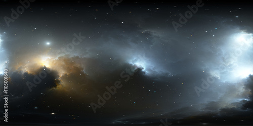 Fototapeta Naklejka Na Ścianę i Meble -  360 degree fantasy space nebula. Giant interstellar cloud with stars, equirectangular projection, environment map. HDRI spherical panorama