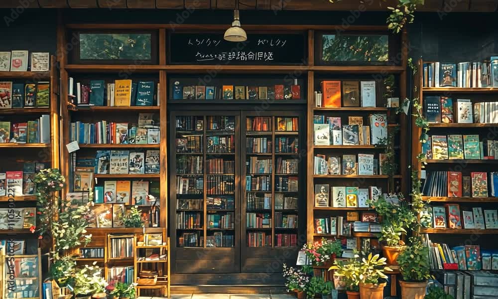 A charming bookstore with shelves of books and plants, inviting readers to explore. A charming bookstore with shelves of books and plants, inviting readers to explore.