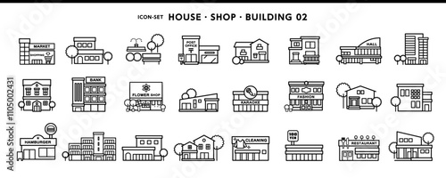 家、店舗、ビルディング、公共施設などシンプルデザインのアイコン素材セット