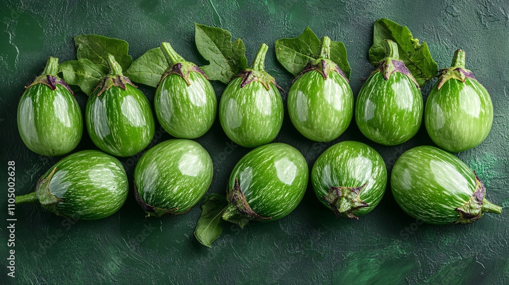 Vibrant green eggplants isolated on a monochromatic green background, top view, with rich textures and soft lighting. Vibrant green eggplants isolated on a monochromatic green background, top view, with rich textures and soft lighting.